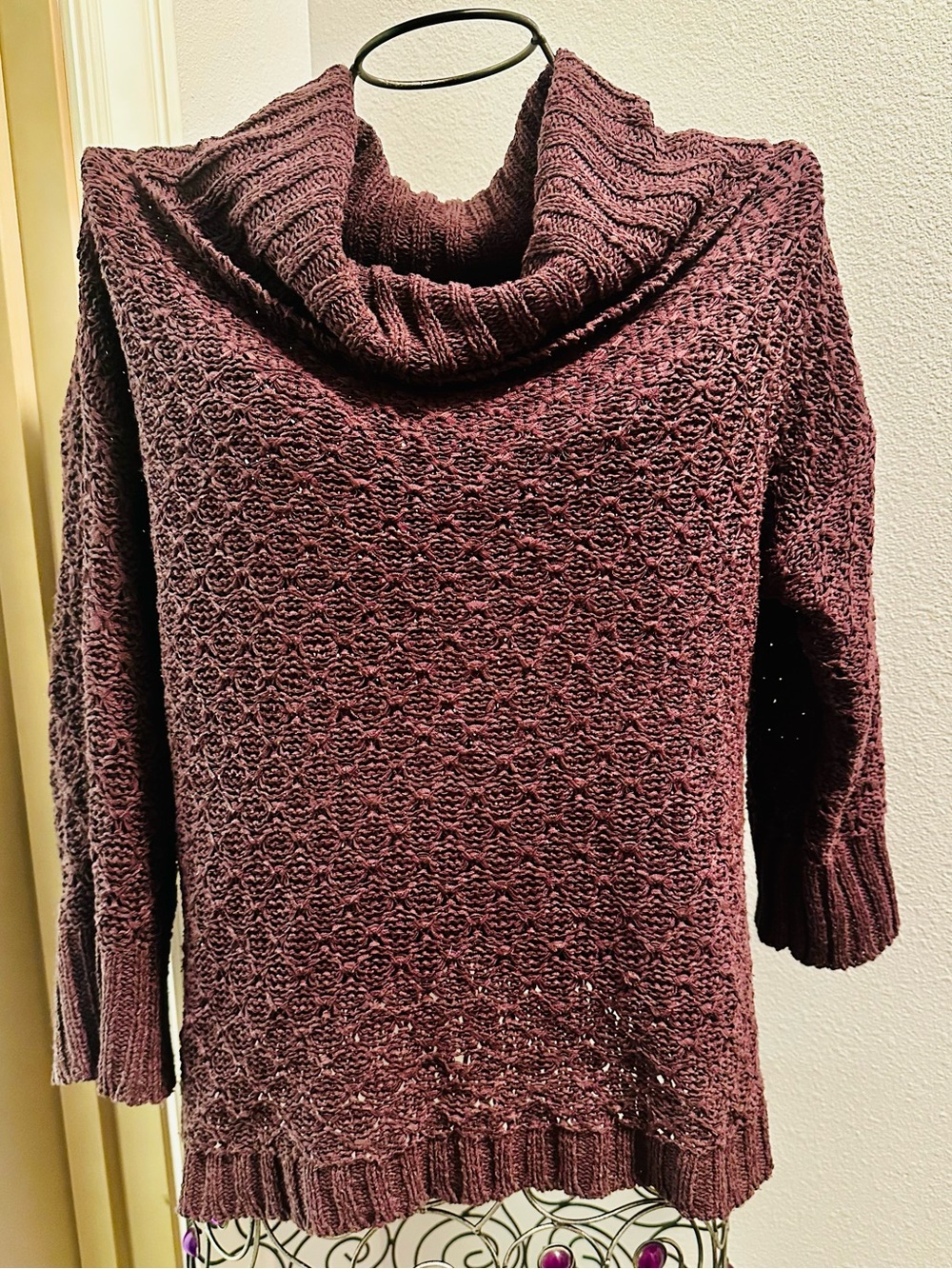 Apropos Plum Open Knit Cowl Neck Tunic Sweater Medium